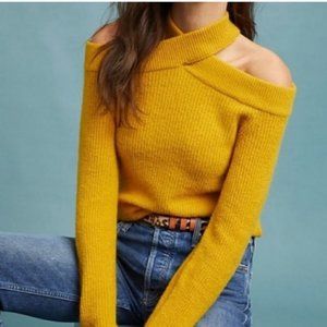 Anthropologie Moth Mustard Golden Yellow Cross Front Cold Shoulder Sweater XS